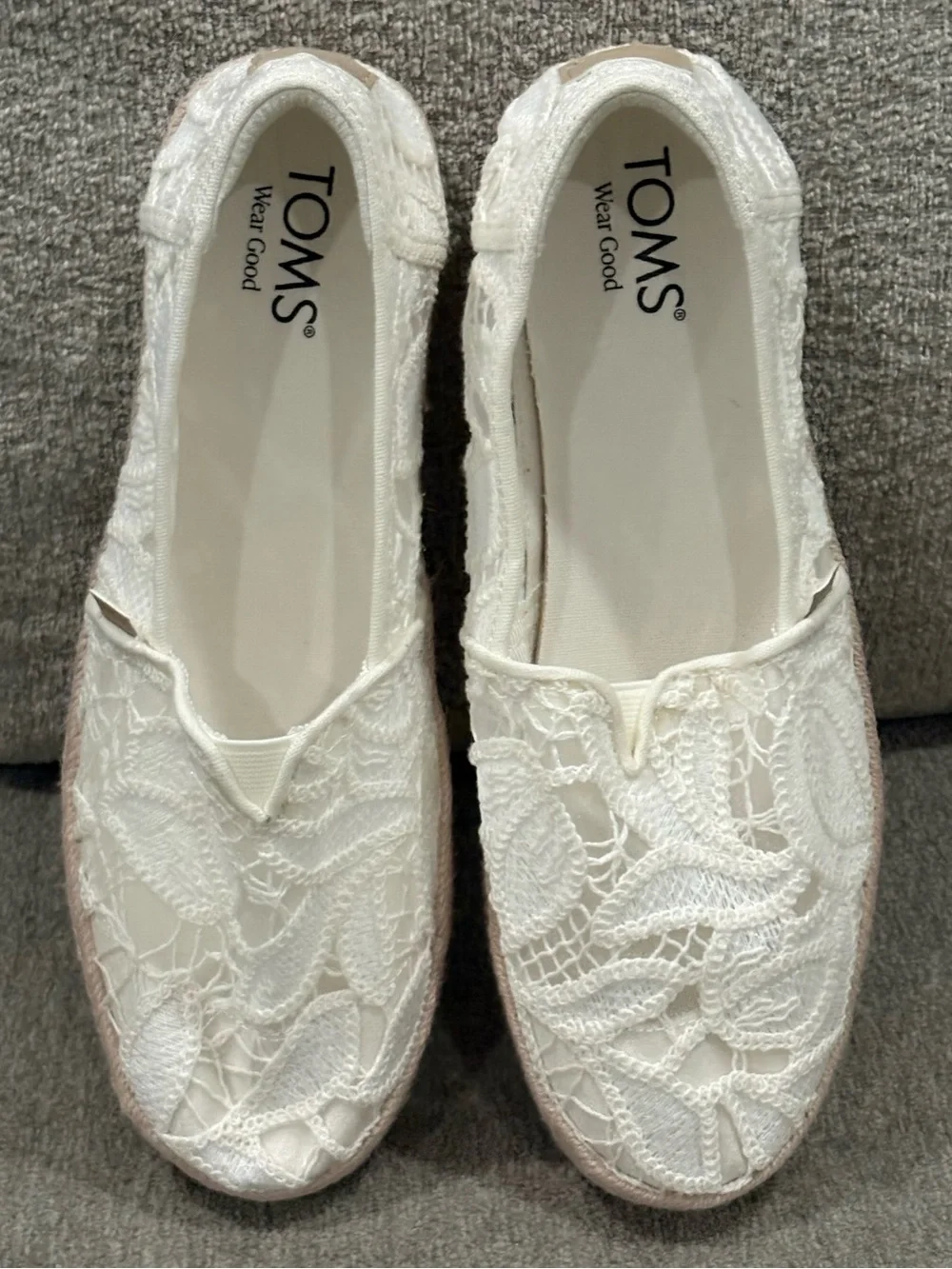 Toms White Lace Espadrille Platform Slip-Ons White Floral Crochet